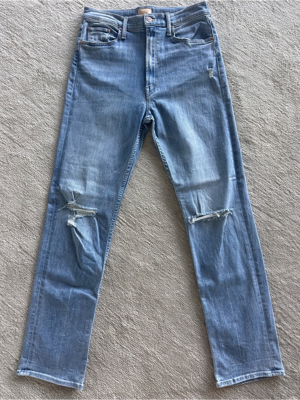 MOTHER Men’s Slim Straight Jeans in Light Blue with Knee Rips